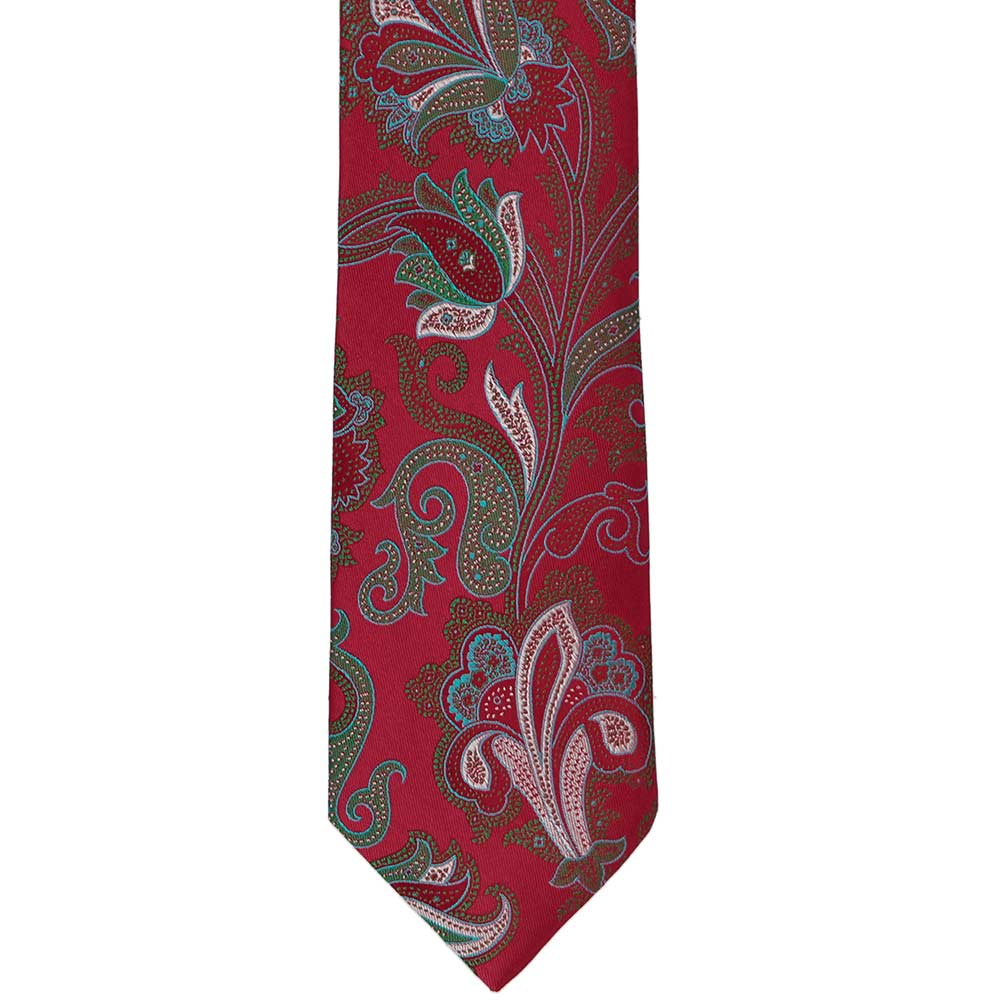 Coordinated suspenders and necktie in silk, macro paisley Cherry red