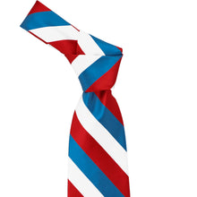 Load image into Gallery viewer, Knot on a red, medium blue and white striped tie