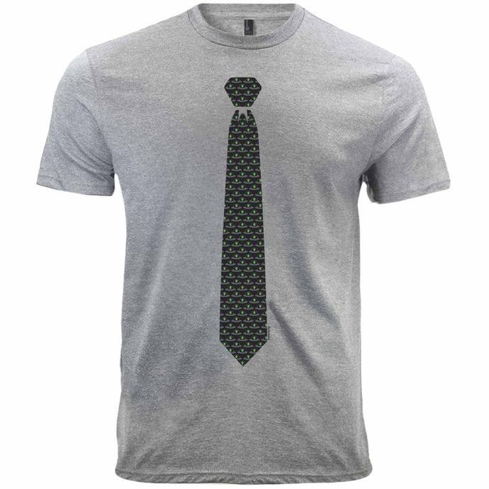 An alien themed necktie design on a light gray t-shirt