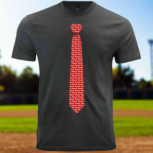 Red necktie baseball coach t-shirt at baseball field