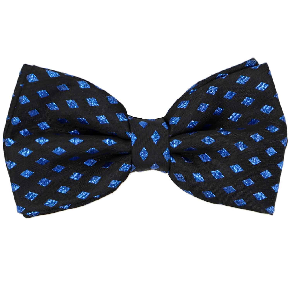 A pre-tied men's black bow tie with a metallic blue diamond pattern