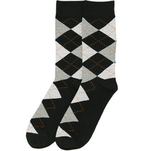 Load image into Gallery viewer, A pair of black and gray argyle socks, laid out flat