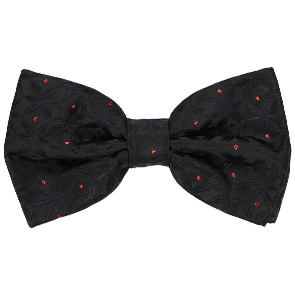 A pre-tied textured black bow tie with red metallic polka dots