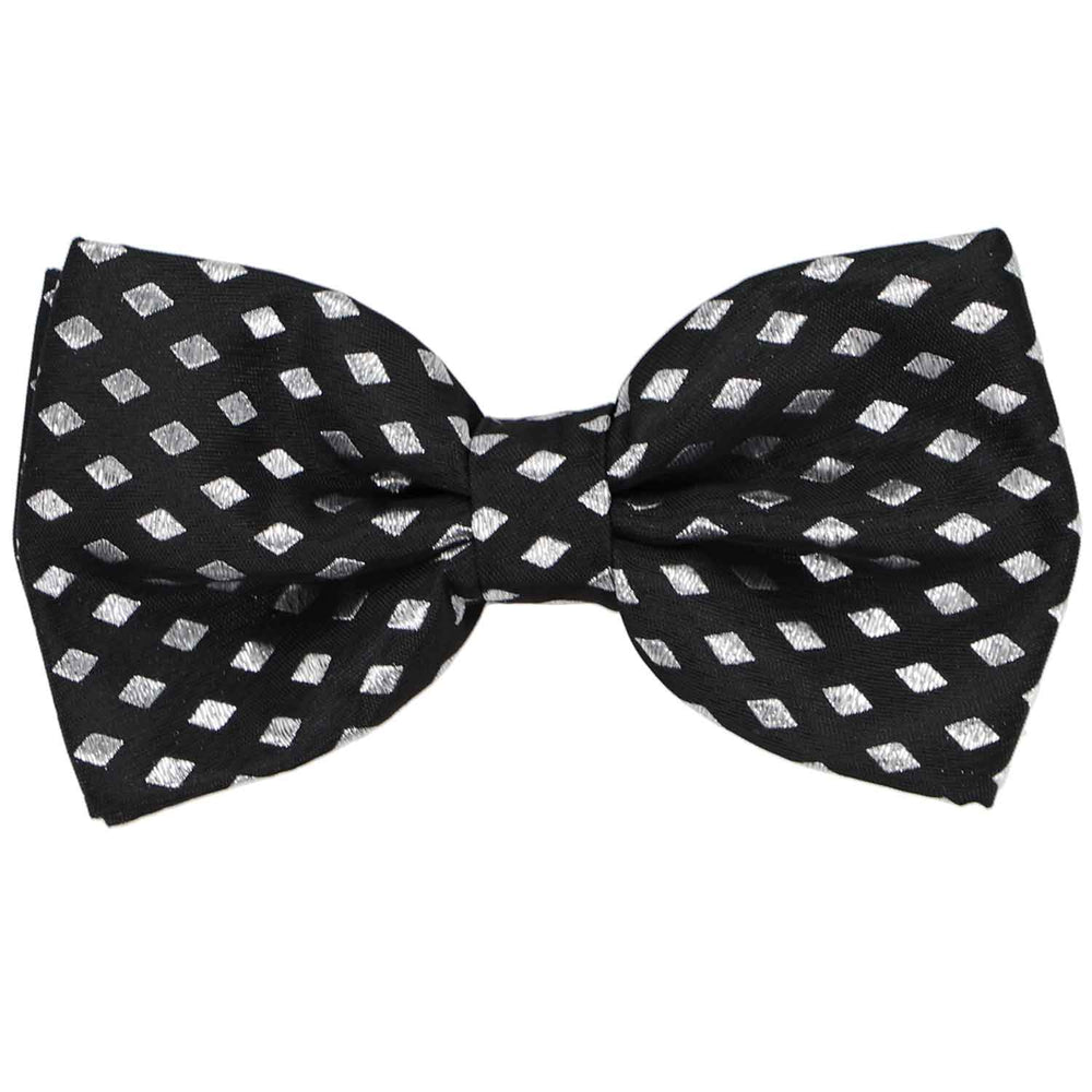 A black pre-tied bow tie with a metallic silver diamond pattern