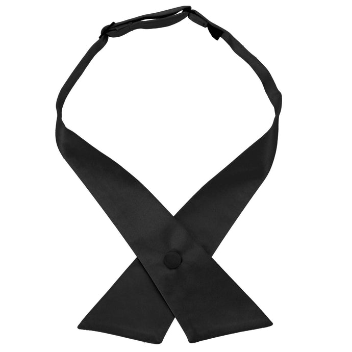 A solid black crossover tie, snapped closed with the ends flat