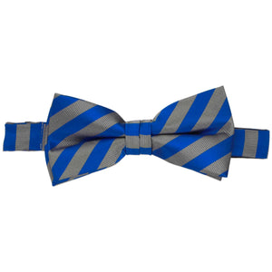Closeup of a blue and gray striped bow tie
