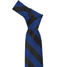 Load image into Gallery viewer, Knot on a blue velvet and black striped tie