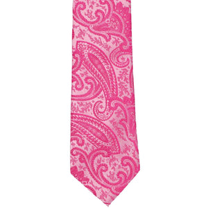 Front of a boys' bright fuchsia paisley necktie