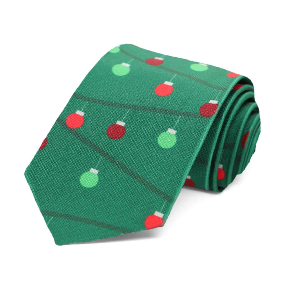 Boys' green necktie with Christmas ornaments