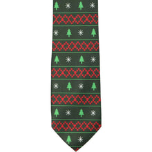 Load image into Gallery viewer, Front of a boys tie with a fair isle Christmas pattern in red and green