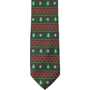 Front of a boys tie with a fair isle Christmas pattern in red and green