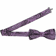 Load image into Gallery viewer, Open band collar on a boys&#39; eggplant purple paisley bow tie