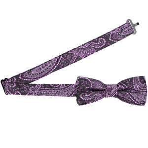 Open band collar on a boys' eggplant purple paisley bow tie