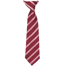 Load image into Gallery viewer, Front of a boys&#39; burgundy striped clip-on tie