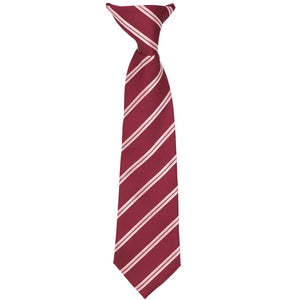 Front of a boys' burgundy striped clip-on tie