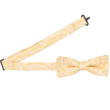 Load image into Gallery viewer, Boys&#39; paisley bow tie in soft yellow with the band collar open