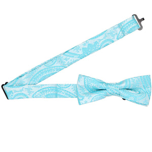 Open band collar on a boys' turquoise paisley bow tie