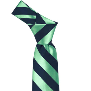 Knot on a bright mint and navy blue striped tie