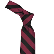 Load image into Gallery viewer, Knot on a burgundy and black striped tie