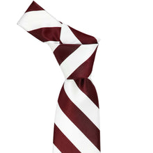 Load image into Gallery viewer, Knot on a burgundy and white striped tie