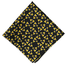 Load image into Gallery viewer, A candy corn themed pocket square in black, yellow, orange and white