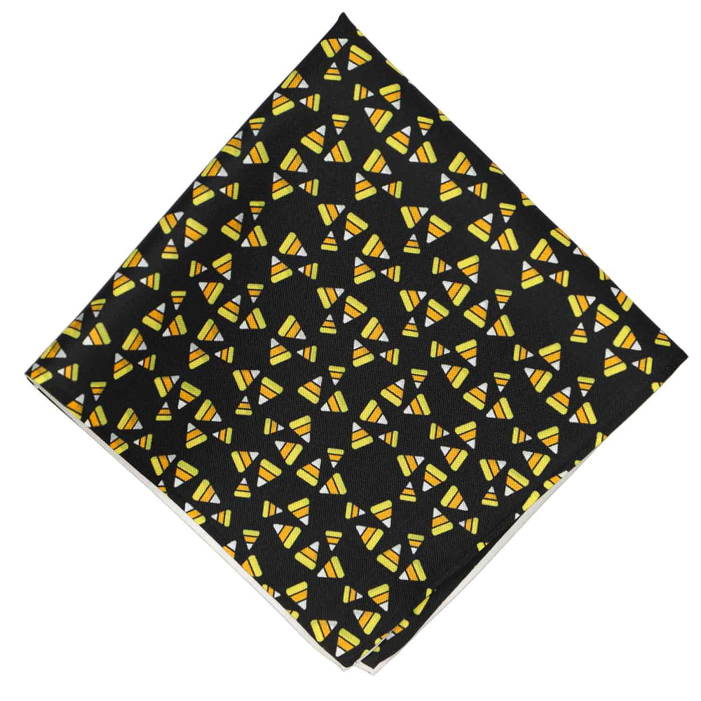 A candy corn themed pocket square in black, yellow, orange and white