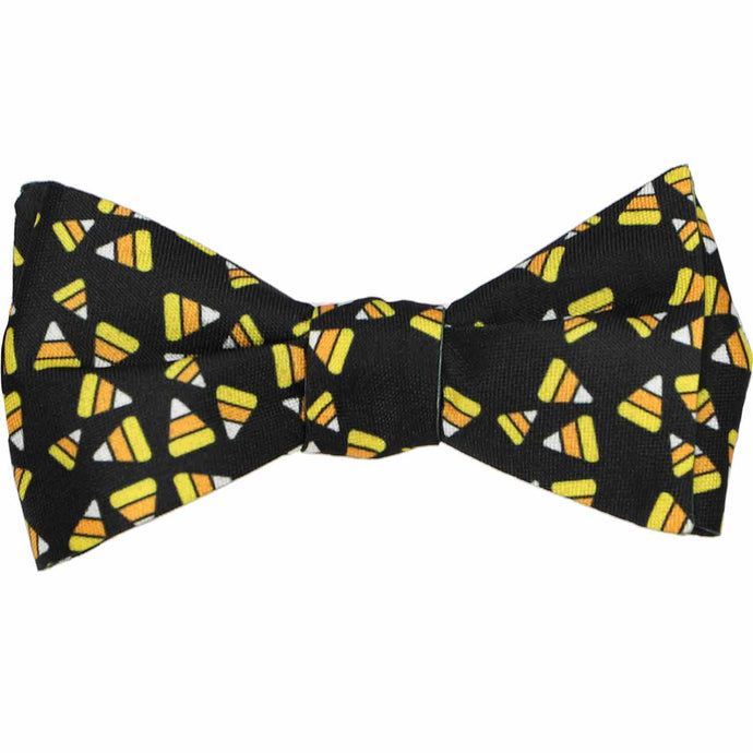 A tied candy corn self-tie bow tie