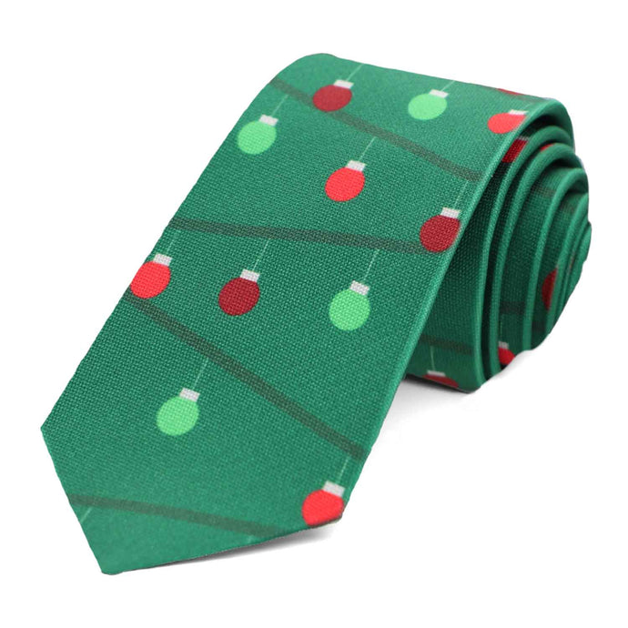 Green slim tie with a Christmas ornament design