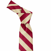 Load image into Gallery viewer, Knot on a crimson red and cream striped tie