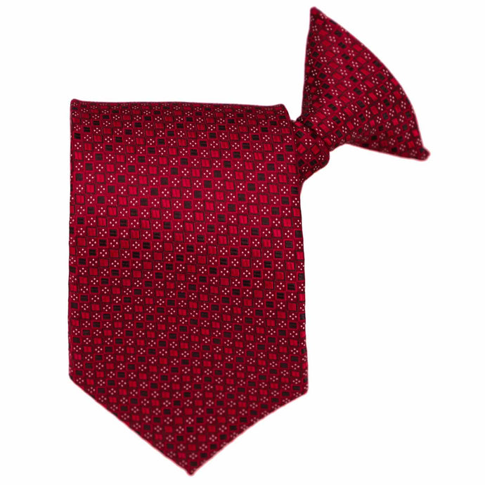 A crimson red square pattern clip-on tie