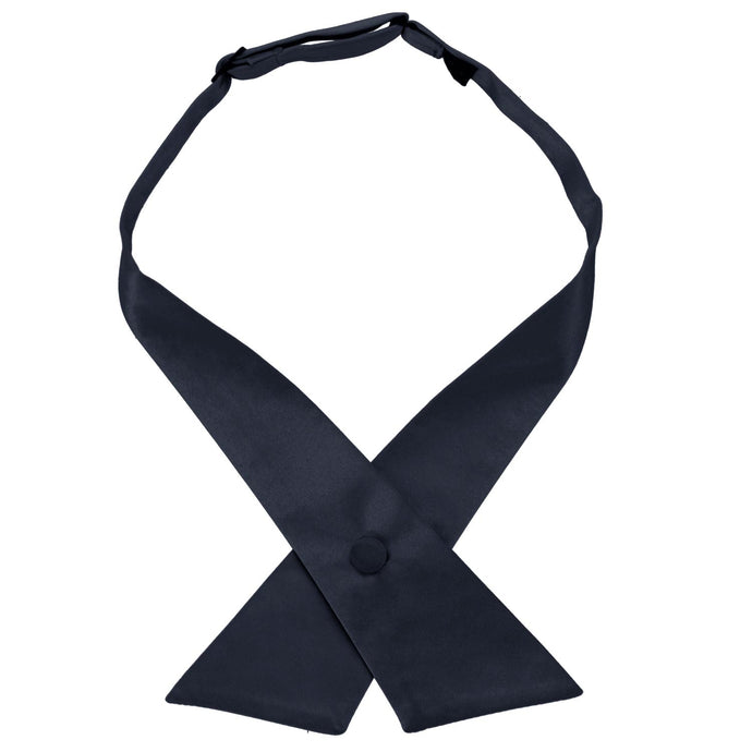 A dark navy blue crossover tie with a fabric covered snap