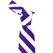 Load image into Gallery viewer, Knot on a dark purple and white striped tie