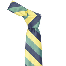 Load image into Gallery viewer, Knot on a dusty blue, light yellow and eucalyptus striped tie