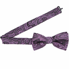 Load image into Gallery viewer, Open band on a eggplant purple paisley bow tie