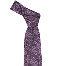 Load image into Gallery viewer, Tied knot on an eggplant paisley tie