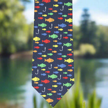 Load image into Gallery viewer, Colorful fishing themed necktie at a lake