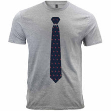 Load image into Gallery viewer, A coral and navy flamingo themed necktie on a men&#39;s light gray shirt