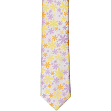 Load image into Gallery viewer, The front of a skinny tie with purple, orange and yellow 1970s-inspired flowers