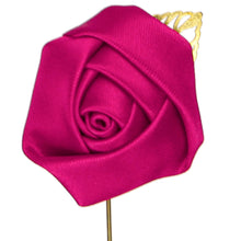 Load image into Gallery viewer, Closeup of the puff on a fuchsia flower lapel pin