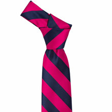 Load image into Gallery viewer, Knot on a fuchsia and navy blue striped tie