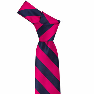 Knot on a fuchsia and navy blue striped tie