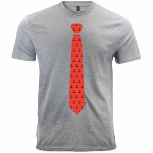 A red and black hockey themed necktie print on a light gray t-shirt