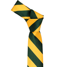 Load image into Gallery viewer, Knot on a hunter green and golden yellow striped slim tie