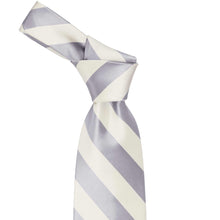 Load image into Gallery viewer, Knot on a silver and ivory striped tie