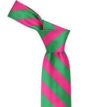 Load image into Gallery viewer, Knot on a kelly green and fuchsia striped tie