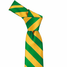 Load image into Gallery viewer, Knot on a kelly green and golden yellow striped tie