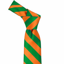 Load image into Gallery viewer, Knot on a kelly green and orange striped tie