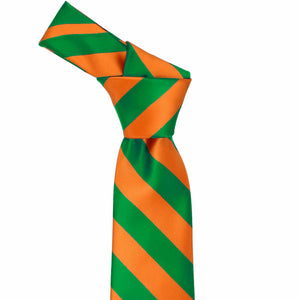 Knot on a kelly green and orange striped tie