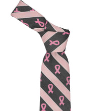 Load image into Gallery viewer, Knot on a pink and black striped pink ribbon silk tie