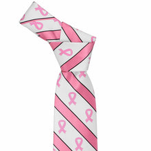 Load image into Gallery viewer, Knot on a pink and white striped breast cancer necktie